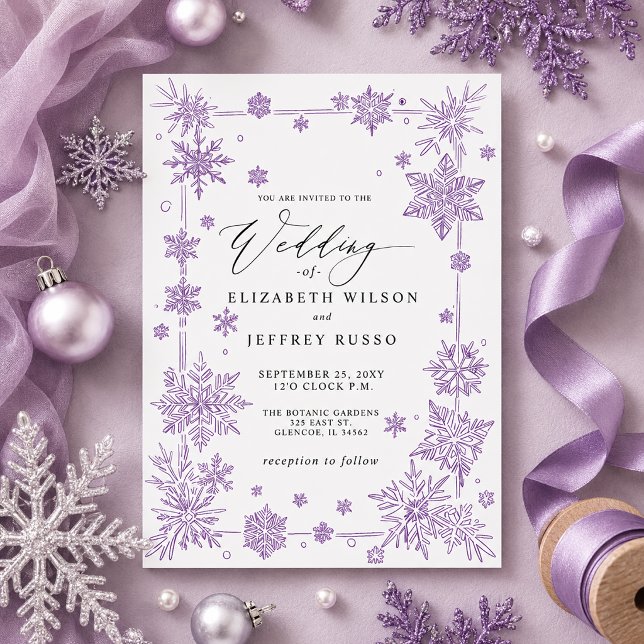 Invitation Flocons de neige Violet Elégant Mariage d'hiver (Elegant Purple snowflakes Winter Wedding Invitation)
