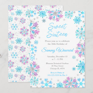 Invitation Flocons de neige violets et bleus Sweet Sixteen