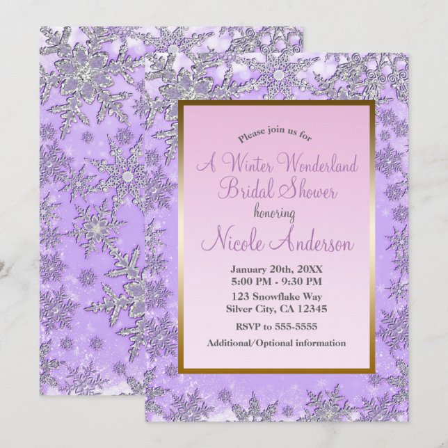 Invitation Flocons de neige violets roses douche de mariée d' (Devant / Derrière)