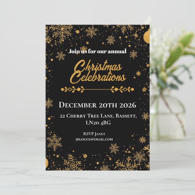 Invitation Flocons de Noël Or et Noir (Debout devant)