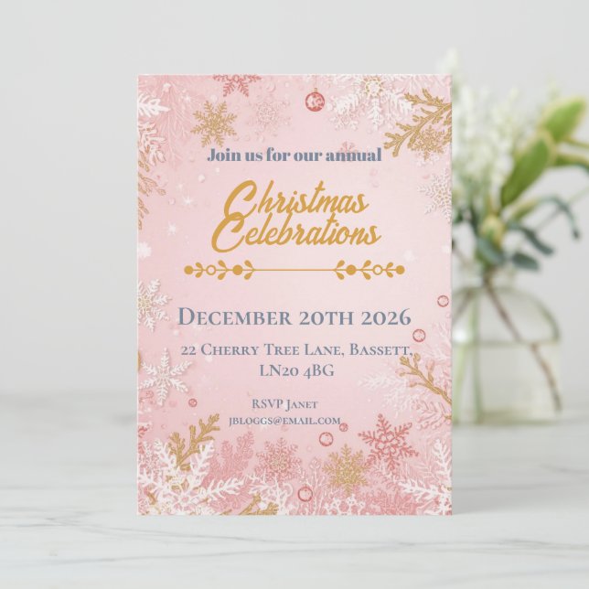 Invitation Flocons de Noël Rose et Blanc (Debout devant)