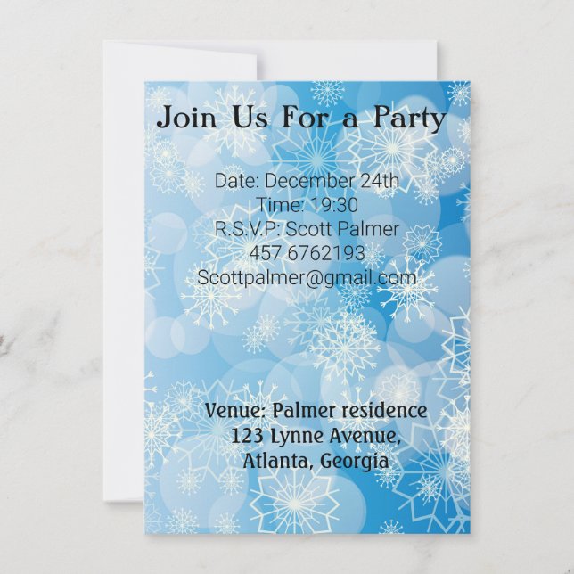 Invitation Flocons de Noël sur un fond bleu          (Devant)