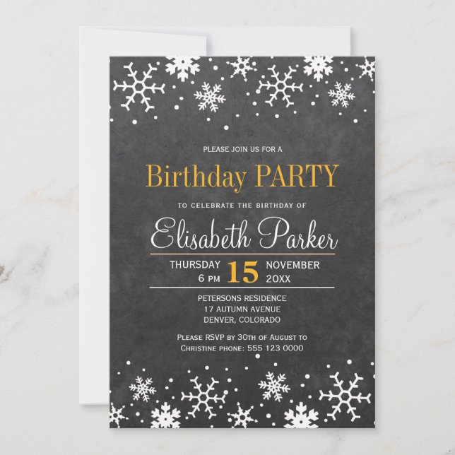 Invitation Flocons de tableau noir fête d'anniversaire rustiq (Devant)