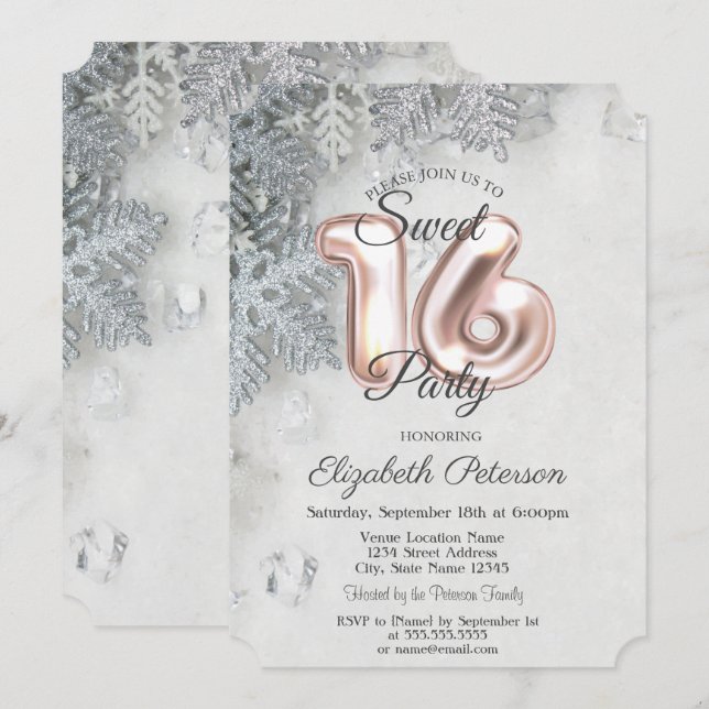 Invitation Flocons Élégants Sweet 16 (Devant / Derrière)
