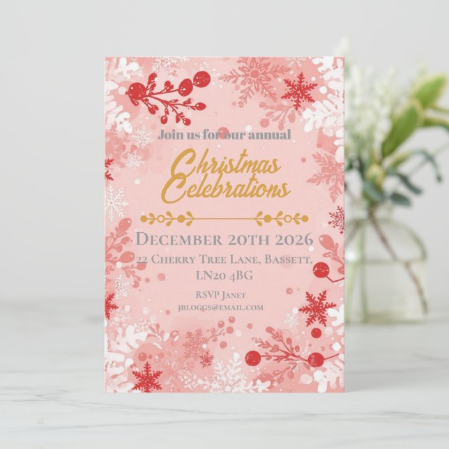 Invitation Flocons festifs blancs et roses (Debout devant)