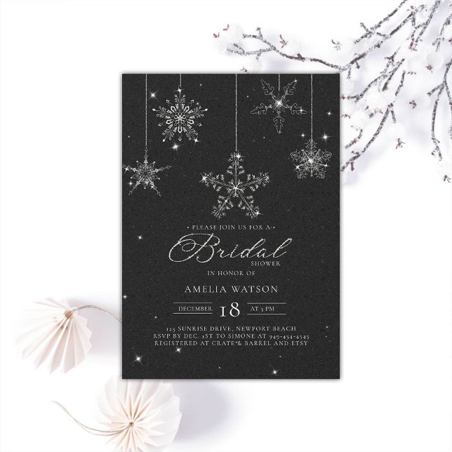 Invitation Flocs de neige en pierre noire Fête des mariées bl (rhinestones bridal shower invitation glitter snowflakes black white modern festive classy sparkle)
