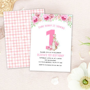 Invitation Flopsy Rabbit 1er Anniversaire Rose Floral