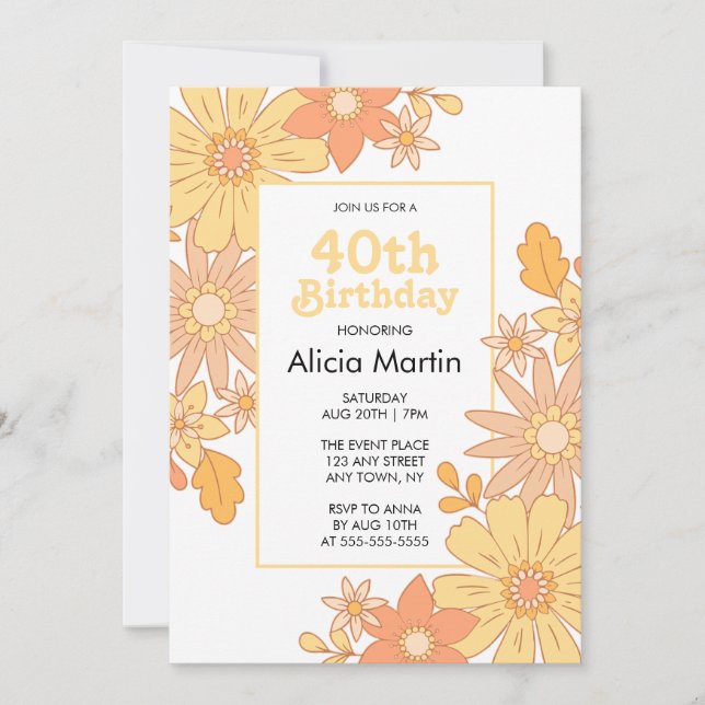 Invitation Flora Orange Retro Super 40e anniversaire (Devant)