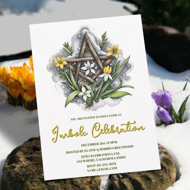 Invitation Flora Pentacle Neige & Fleurs Jaunes Fête Imbolc (Flora Pentacle Snow & Yellow Flowers Imbolc Party Invitation)