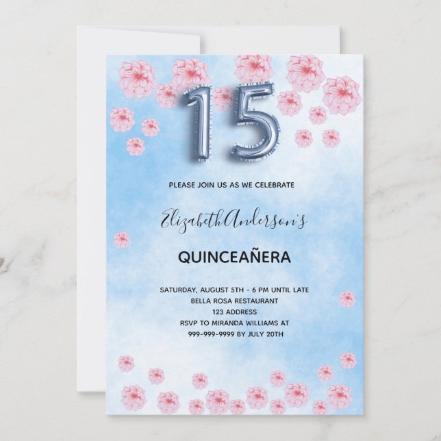Invitation Floraison de Quinceanera bleu rose (Devant)