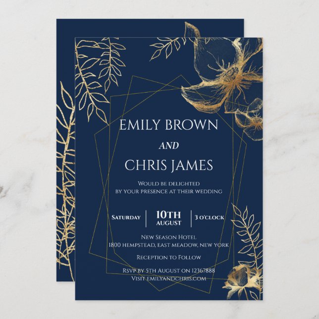 Invitation Floraison dorée | Cérémonie Mariage moderne (Devant / Derrière)