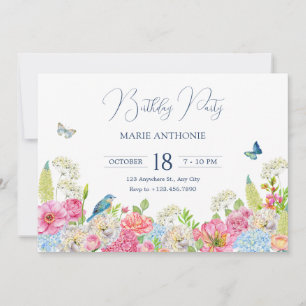 Invitation Floraison florale bleu vert rose printemps anniver