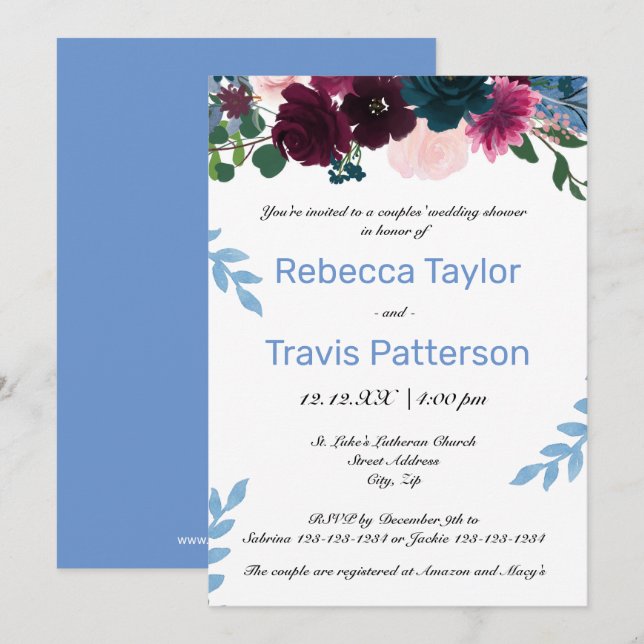 Invitation Floraisons Bleues - Mariage Couple Cadeau (Devant / Derrière)