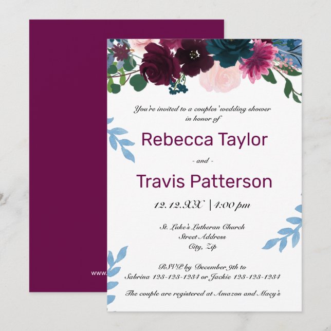Invitation Floraisons Florales Prune - Mariage Couple Shower (Devant / Derrière)