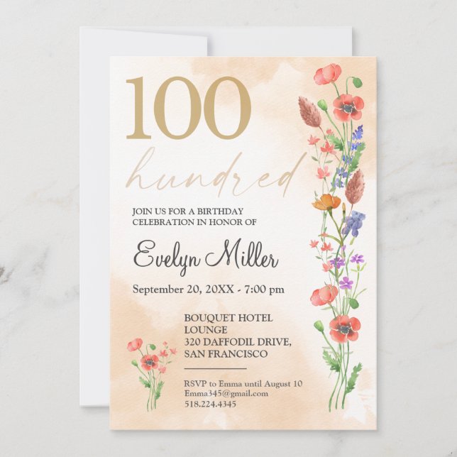 Invitation Floral 100e anniversaire - Design Fleur sauvage d' (Devant)