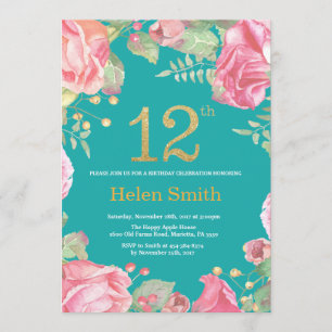 Invitation Floral 12e anniversaire Parties scintillant or et 