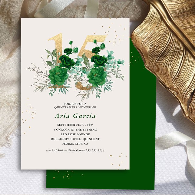 Invitation Floral 15 Emerald Green Cream et Gold Quinceanera (15th Birthday Invitation from the Royal Rose Emerald Green Quinceanera Collection by Darling & May)
