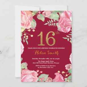 Invitation Floral 16e Anniversaire Parties scintillant d'or B