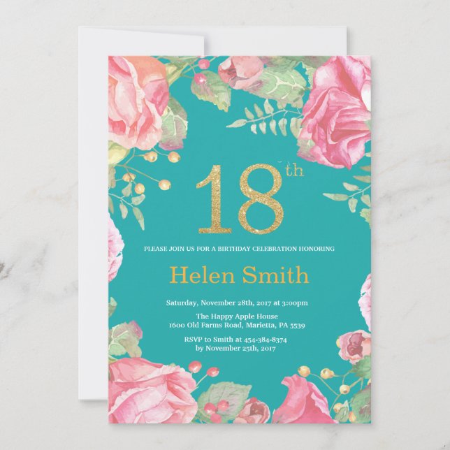 Invitation Floral 18e anniversaire Parties scintillant or et  (Devant)