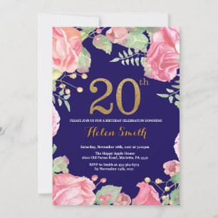 Invitation Floral 20e anniversaire Parties scintillant d'or b
