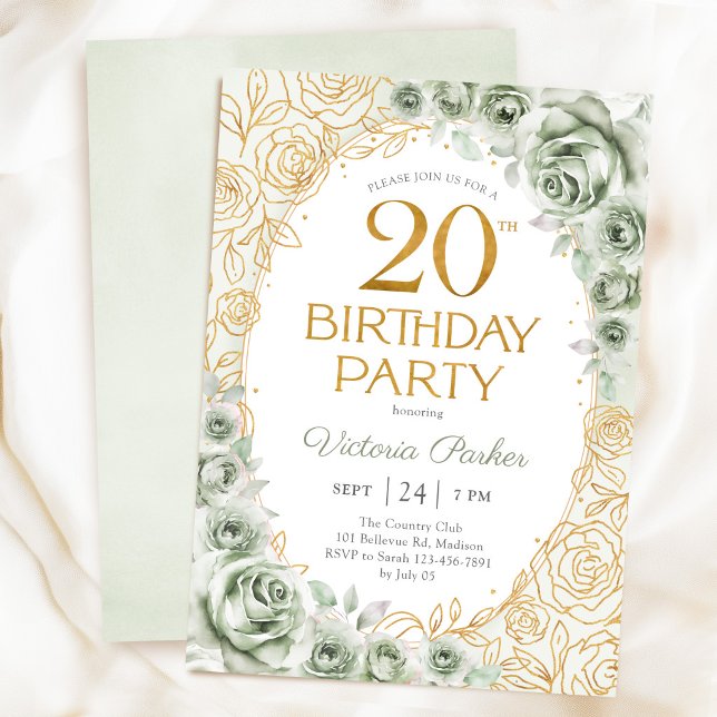 Invitation Floral 20e Anniversaire Vert Sauge Or (Créateur téléchargé)