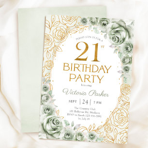 Invitation Floral 21e Anniversaire Vert Sauge Or