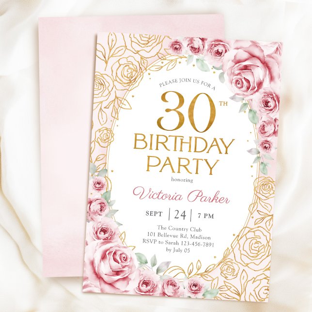 Invitation Floral 30e Anniversaire Rose Pâle Or (Créateur téléchargé)
