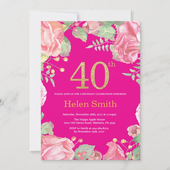 Invitation Floral 40e anniversaire Parties scintillant or et  (Devant)