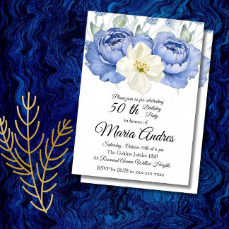 Invitation Floral 50th Birthday Elegant Watercolor white blue