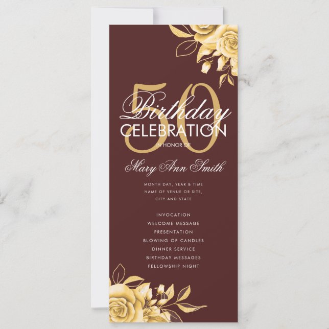 Invitation Floral 50th Birthday Program Gold & Burgundy Menu (Devant)