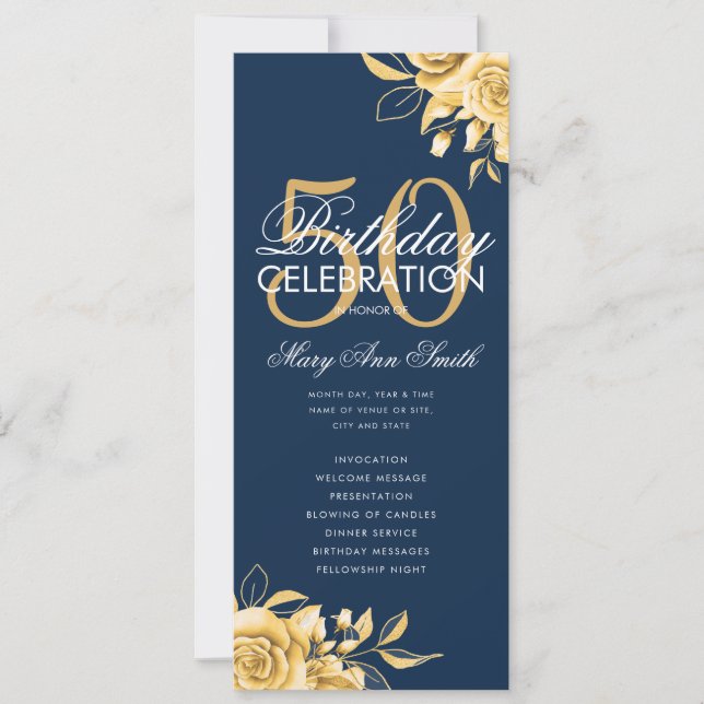 Invitation Floral 50th Birthday Program Gold & Navy avec menu (Devant)