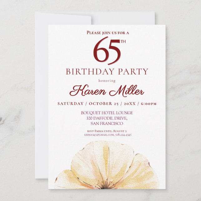 Invitation Floral 65e anniversaire - Elégant design de fleurs (Devant)