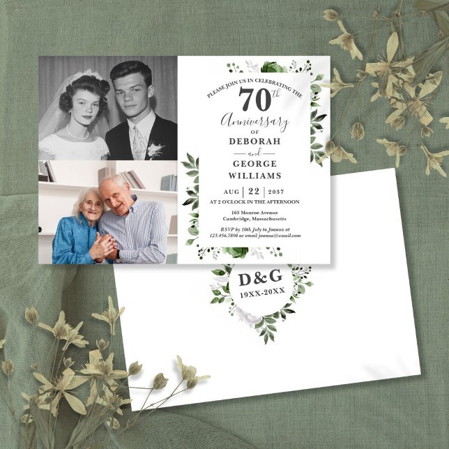 Invitation Floral 70e anniversaire du Mariage Alors et mainte (Floral 70th Wedding Anniversary Then & Now 2 Photo Invitation)