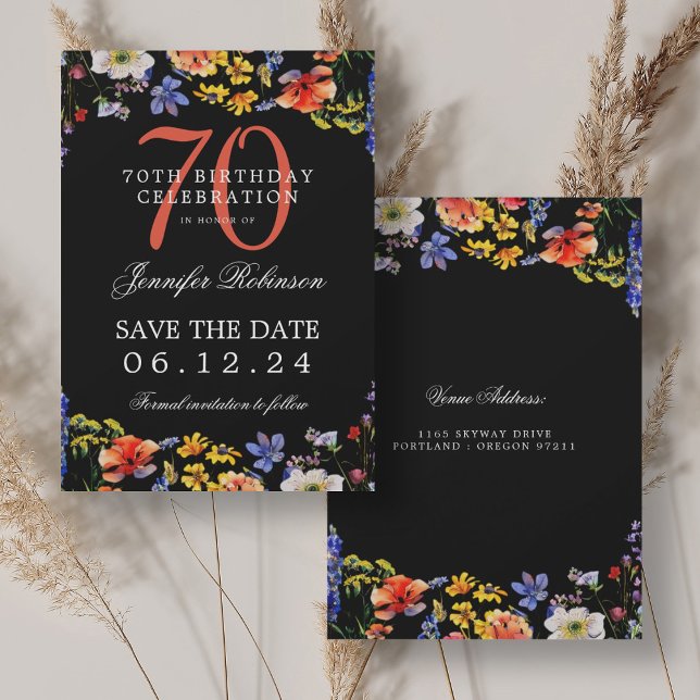 Invitation Floral 70e anniversaire Enregistrer la date Noir (Floral 70th Birthday Save the Date Black Invitation)