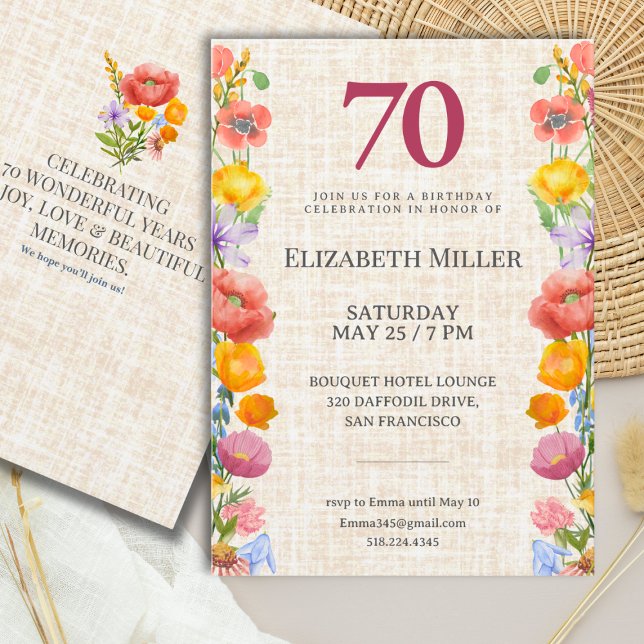Invitation Floral 70th Birthday - Elegant Garden Party (Créateur téléchargé)