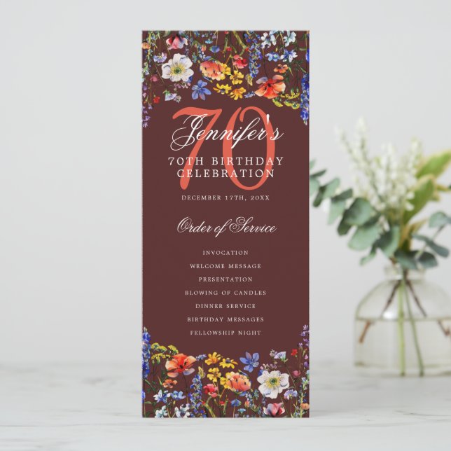 Invitation Floral 70th Birthday Party Program Menu Bourgogne (Debout devant)