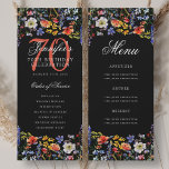 Invitation Floral 70th Birthday Party Program Menu Noir<br><div class="desc">Elégant design "programme fête d'anniversaire" avec fleurs sauvages aquarelles et texte personnalisé.</div>