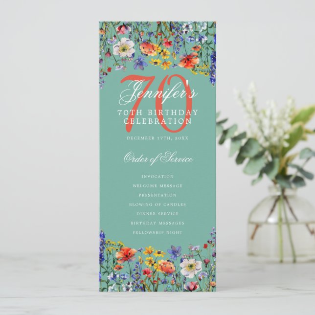 Invitation Floral 70th Birthday Party Program Menu Turquoise (Debout devant)
