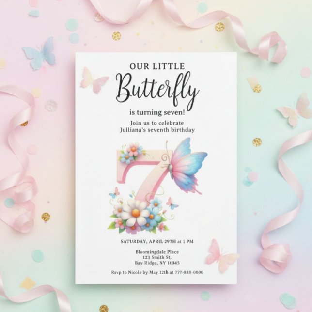 Invitation Floral 7ème papillon Anniversaire Printemps Jardin (Personalized birthday invitation that makes your child’s celebration extra special.)