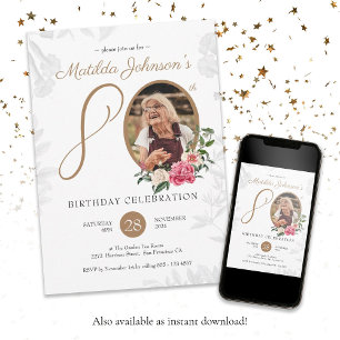 Invitation Floral 80e anniversaire Black Gold Botanical Photo