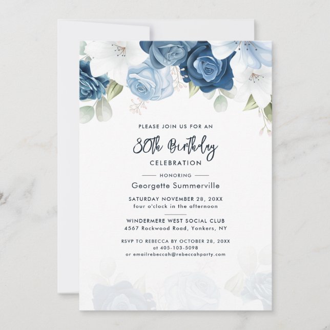 Invitation Floral 80e anniversaire Dusty Blue Script Party (Devant)