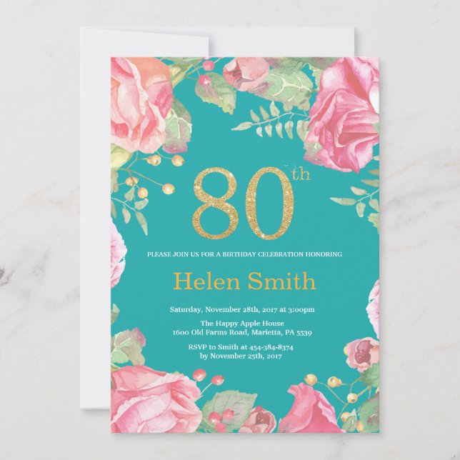 Invitation Floral 80e anniversaire Parties scintillant or et  (Devant)