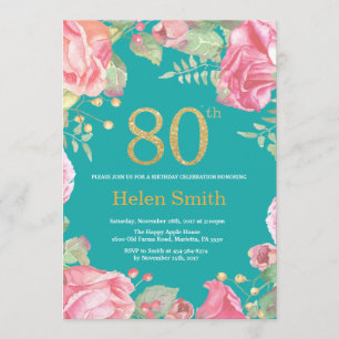 Invitation Floral 80e anniversaire Parties scintillant or et