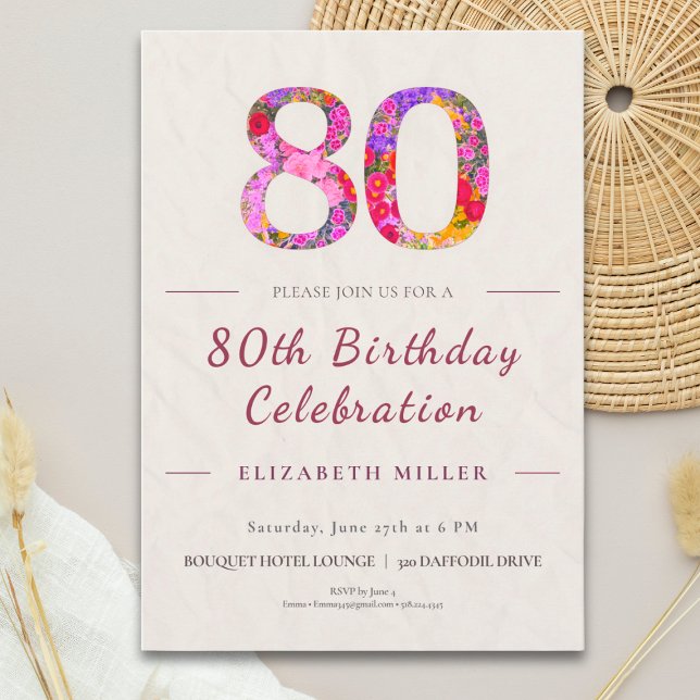 Invitation Floral 80th Birthday - Elegant Celebration (Créateur téléchargé)