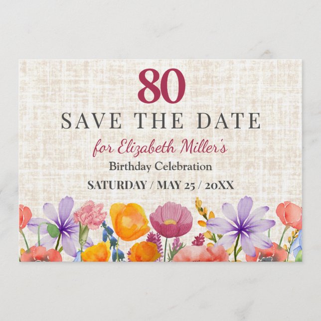 Invitation Floral 80th Birthday Save the Date - Garden Party (Devant)