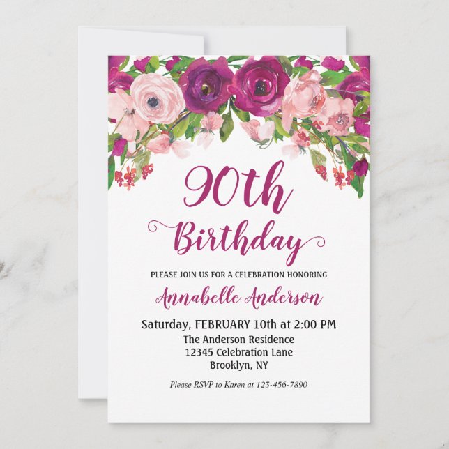 Invitation Floral 90e anniversaire Purple rose Aquarelle Chic (Devant)