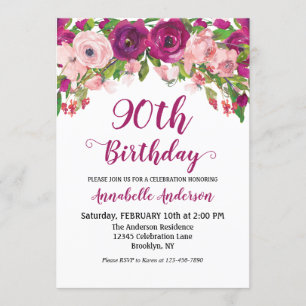 Invitation Floral 90e anniversaire Purple rose Aquarelle Chic