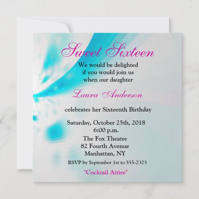Invitation Floral Abstrait moderne bleu-blanc-rose 16e (Devant)