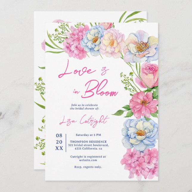 Invitation Floral Amour en fleur rose douche nuptiale d'été (Devant / Derrière)