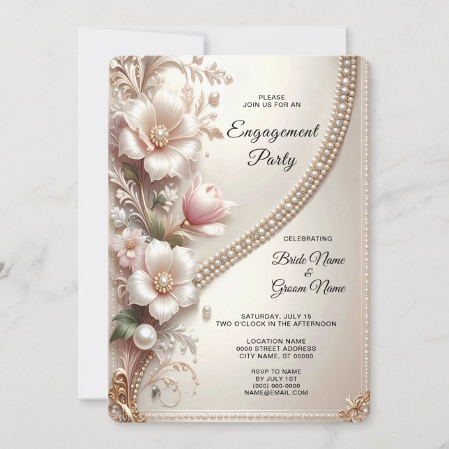Invitation Floral and Pearl Embellishments Engagement (Devant)